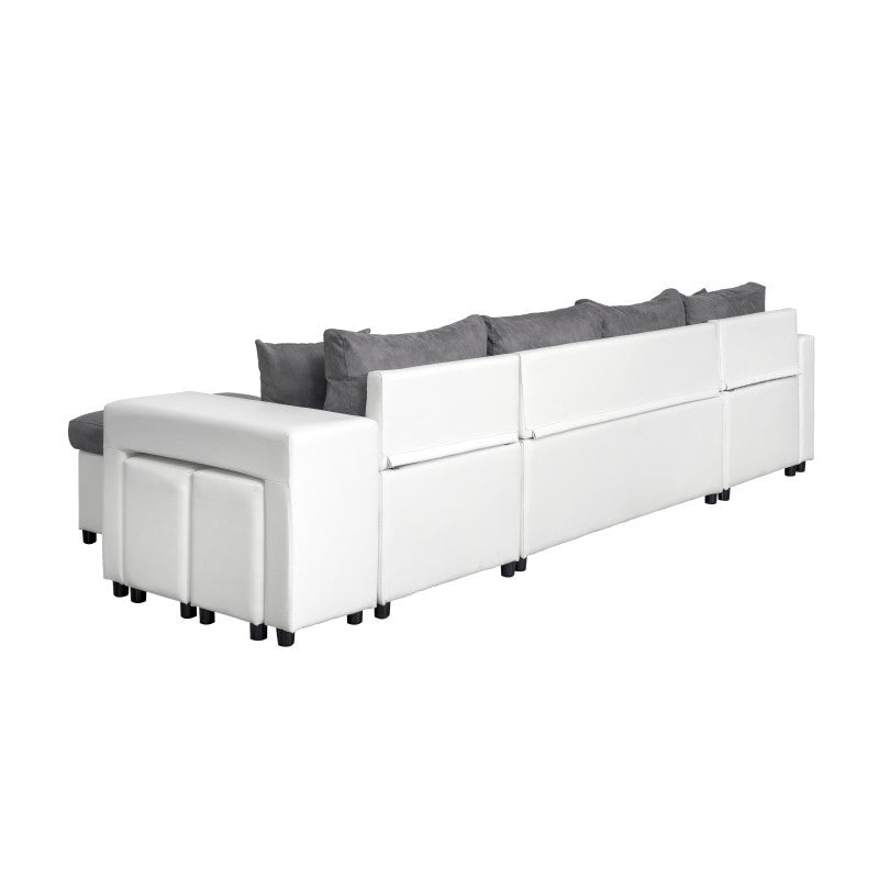 LUMIRA U PLUS - Canapé panoramique convertible avec 2 coffres et 2 poufs en simili et microfibre - Gris/blanc