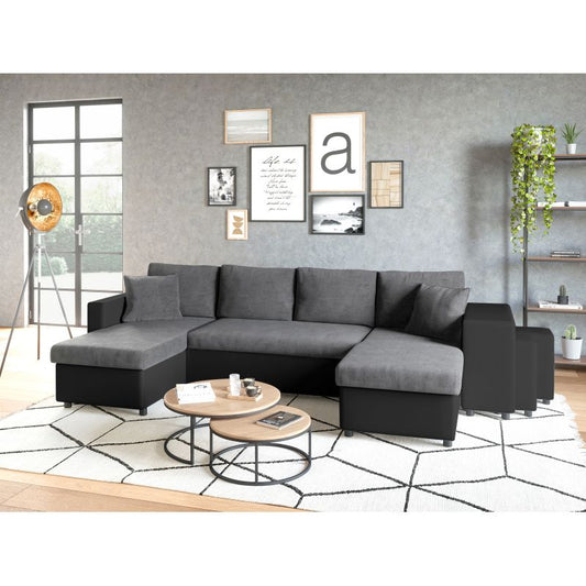 LUMIRA U PLUS - Canapé panoramique convertible avec 2 coffres et 2 poufs en simili et microfibre - Gris/noir - Niche à droite (vue de face)