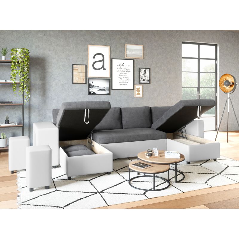 LUMIRA U PLUS - Canapé panoramique convertible avec 2 coffres et 2 poufs en simili et microfibre - Gris/blanc