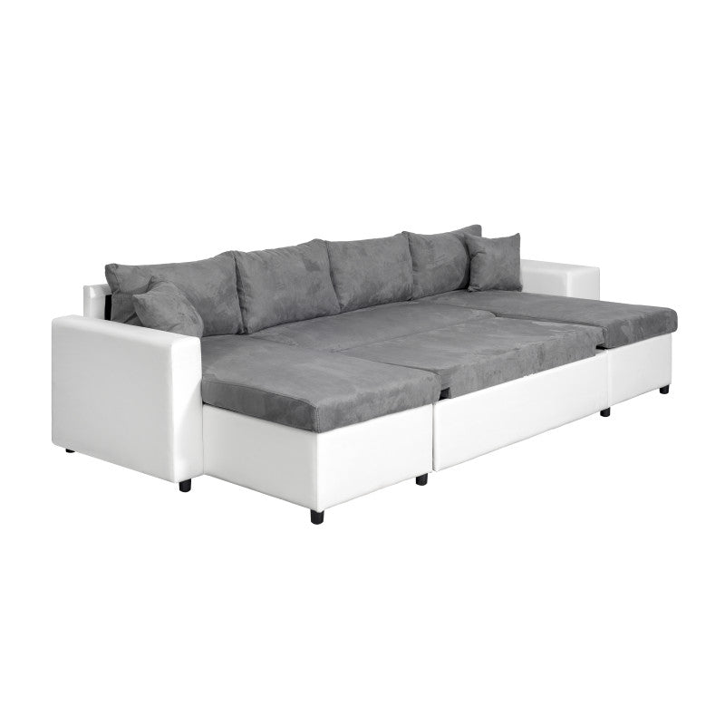 LUMIRA U PLUS - Canapé panoramique convertible avec 2 coffres et 2 poufs en simili et microfibre - Gris/blanc