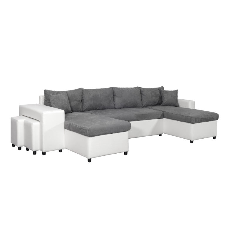 LUMIRA U PLUS - Canapé panoramique convertible avec 2 coffres et 2 poufs en simili et microfibre - Gris/blanc