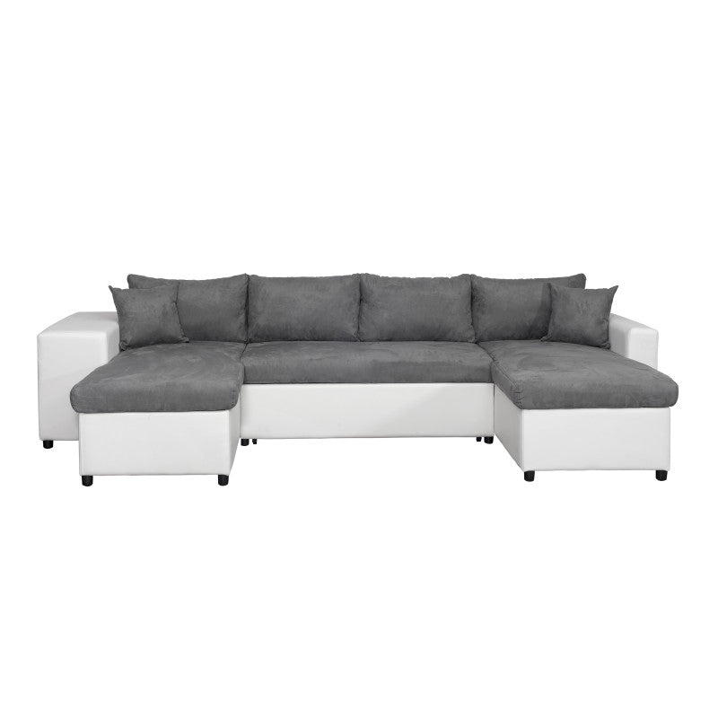 LUMIRA U PLUS - Canapé panoramique convertible avec 2 coffres et 2 poufs en simili et microfibre - Gris/blanc