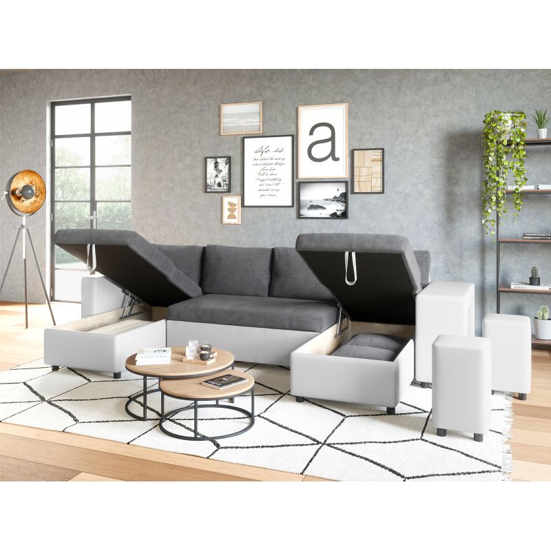 LUMIRA U PLUS - Canapé panoramique convertible avec 2 coffres et 2 poufs en simili et microfibre - Gris/blanc