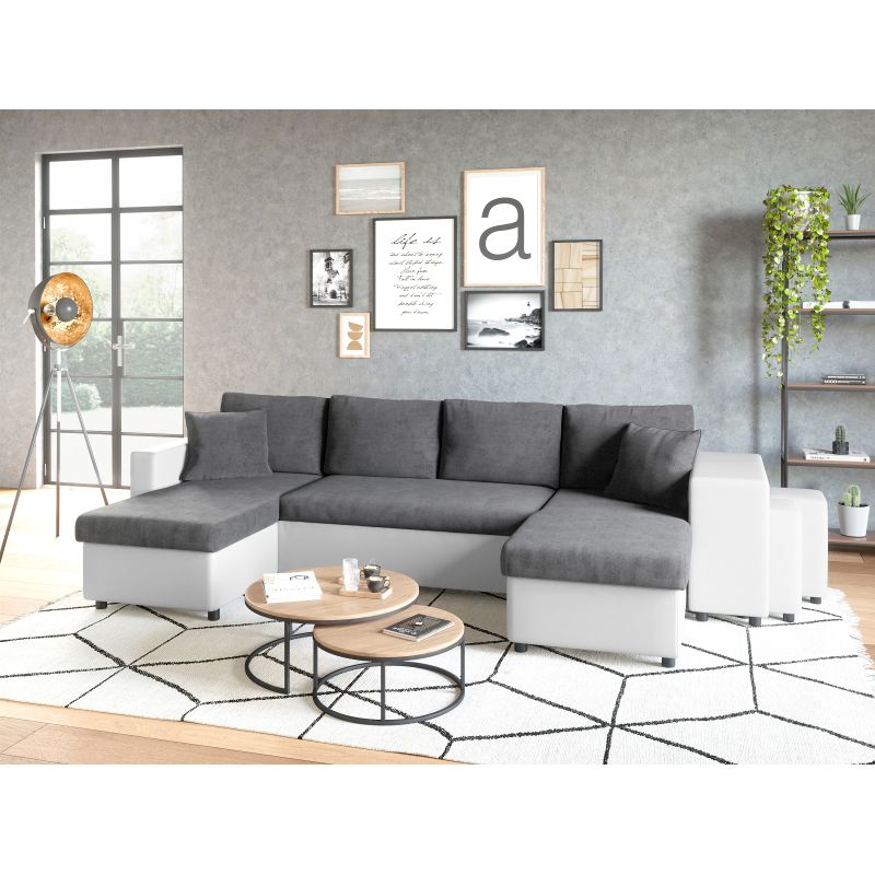 LUMIRA U PLUS - Canapé panoramique convertible avec 2 coffres et 2 poufs en simili et microfibre - Gris/blanc