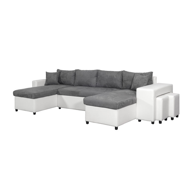 LUMIRA U PLUS - Canapé panoramique convertible avec 2 coffres et 2 poufs en simili et microfibre - Gris/blanc