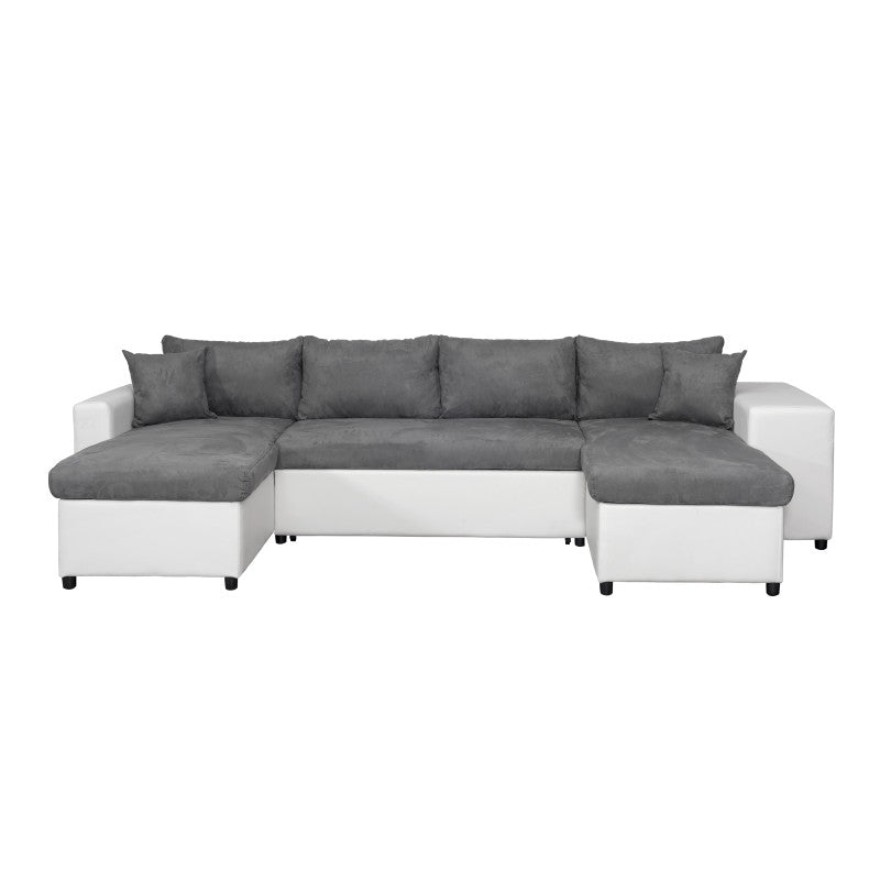 LUMIRA U PLUS - Canapé panoramique convertible avec 2 coffres et 2 poufs en simili et microfibre - Gris/blanc