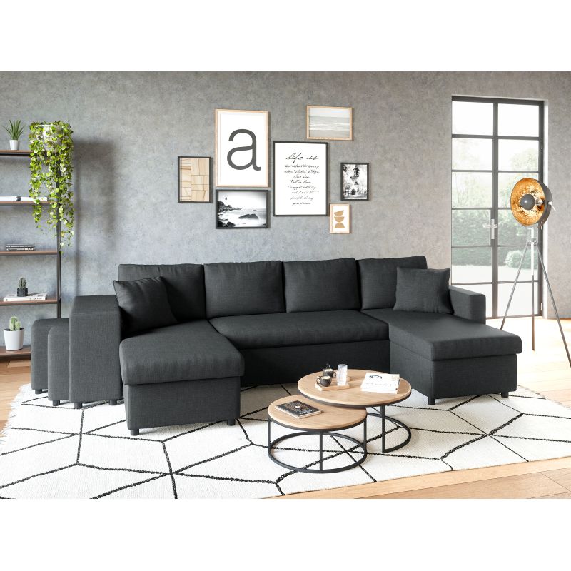 LUMIRA U PLUS - Canapé panoramique convertible avec 2 coffres et 2 poufs en tissu - Gris foncé