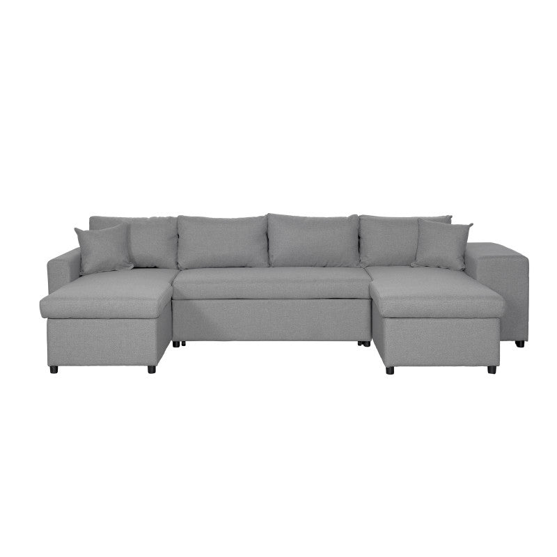 LUMIRA U PLUS - Canapé panoramique convertible avec 2 coffres et 2 poufs en tissu - Gris clair