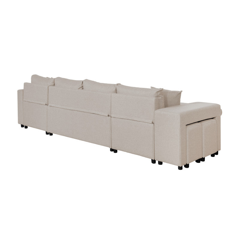 LUMIRA U PLUS - Canapé panoramique convertible avec 2 coffres et 2 poufs en tissu - Beige