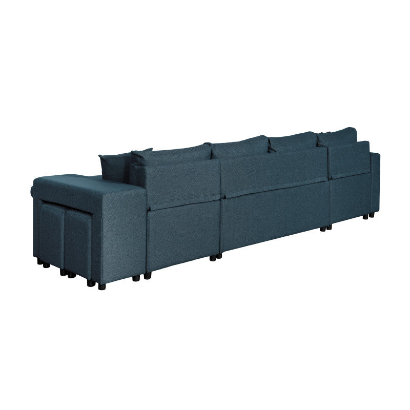 LUMIRA U PLUS - Canapé panoramique convertible avec 2 coffres et 2 poufs en tissu - Bleu pétrole - Niche à droite (vue de face)