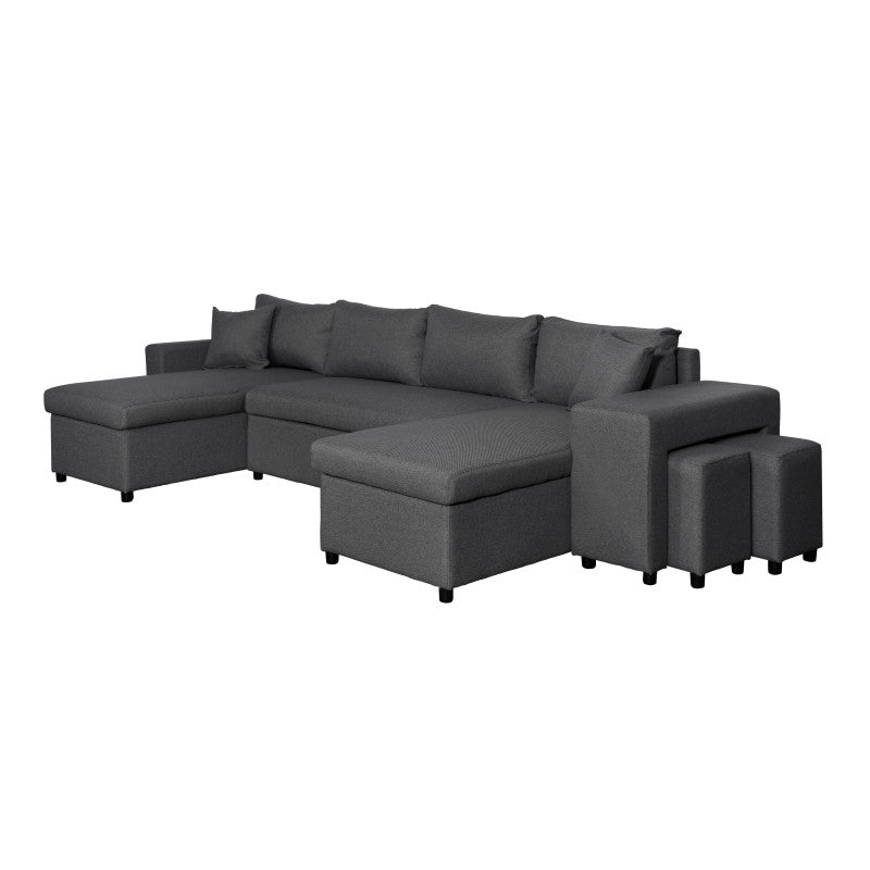 LUMIRA U PLUS - Canapé panoramique convertible avec 2 coffres et 2 poufs en tissu - Gris foncé