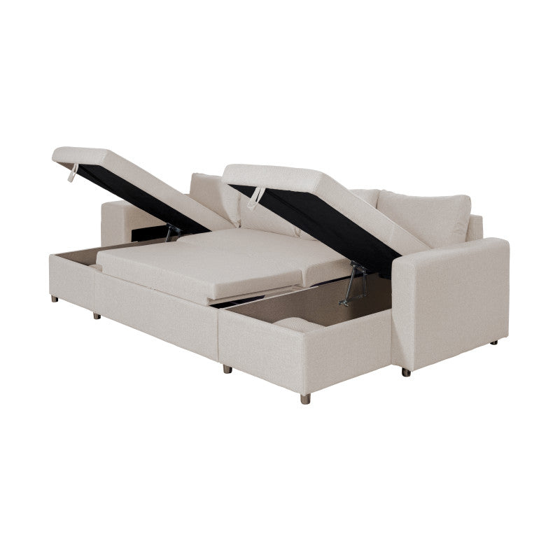 LUMIRA U PLUS - Canapé panoramique convertible avec 2 coffres et 2 poufs en tissu - Beige