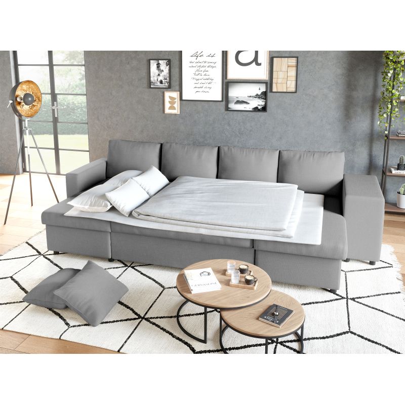 LUMIRA U PLUS - Canapé panoramique convertible avec 2 coffres et 2 poufs en tissu - Gris clair