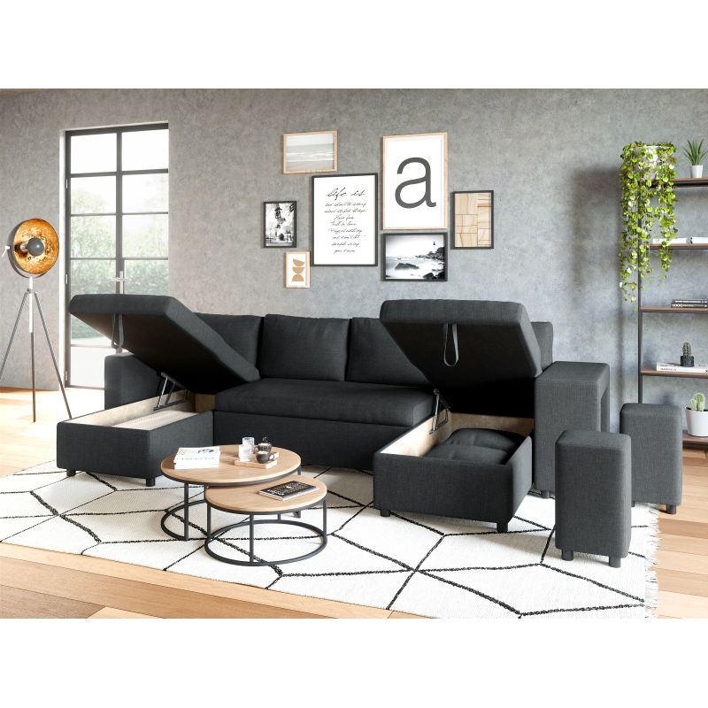 LUMIRA U PLUS - Canapé panoramique convertible avec 2 coffres et 2 poufs en tissu - Gris foncé