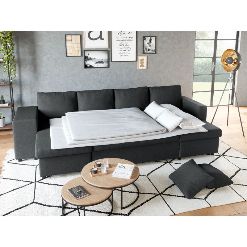 LUMIRA U PLUS - Canapé panoramique convertible avec 2 coffres et 2 poufs en tissu - Gris foncé