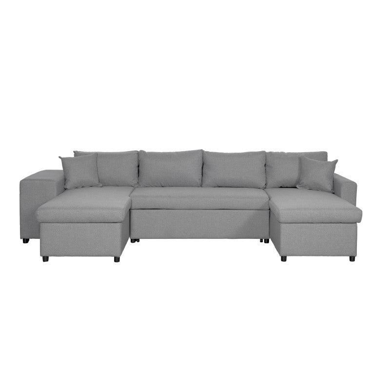 LUMIRA U PLUS - Canapé panoramique convertible avec 2 coffres et 2 poufs en tissu - Gris clair