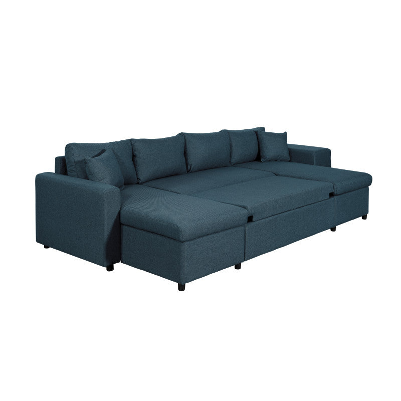 LUMIRA U PLUS - Canapé panoramique convertible avec 2 coffres et 2 poufs en tissu - Bleu pétrole - Niche à droite (vue de face)