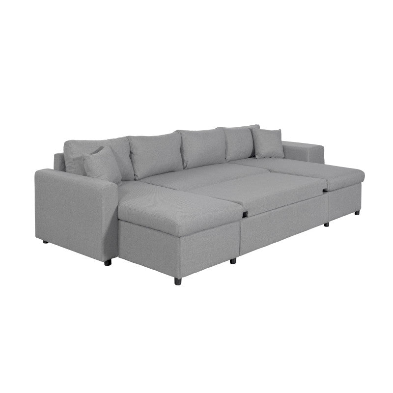 LUMIRA U PLUS - Canapé panoramique convertible avec 2 coffres et 2 poufs en tissu - Gris clair