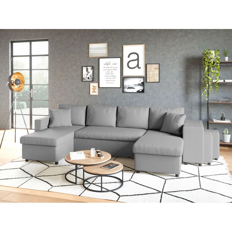 LUMIRA U PLUS - Canapé panoramique convertible avec 2 coffres et 2 poufs en tissu - Gris clair