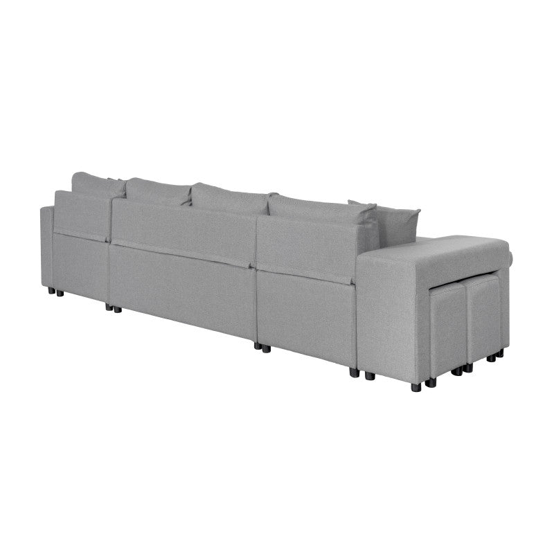 LUMIRA U PLUS - Canapé panoramique convertible avec 2 coffres et 2 poufs en tissu - Gris clair