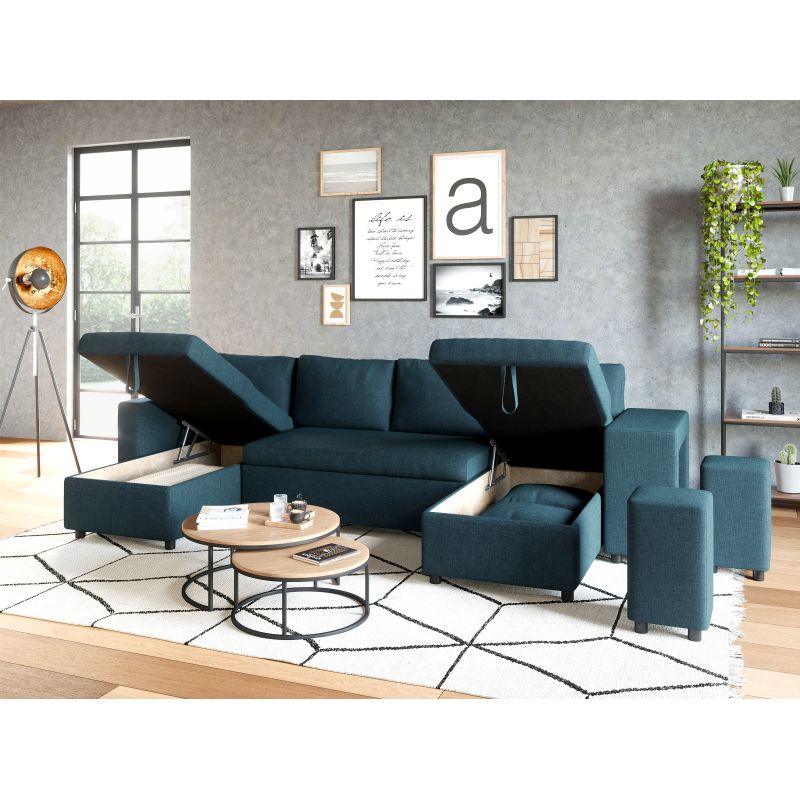 LUMIRA U PLUS - Canapé panoramique convertible avec 2 coffres et 2 poufs en tissu - Bleu pétrole - Niche à droite (vue de face)