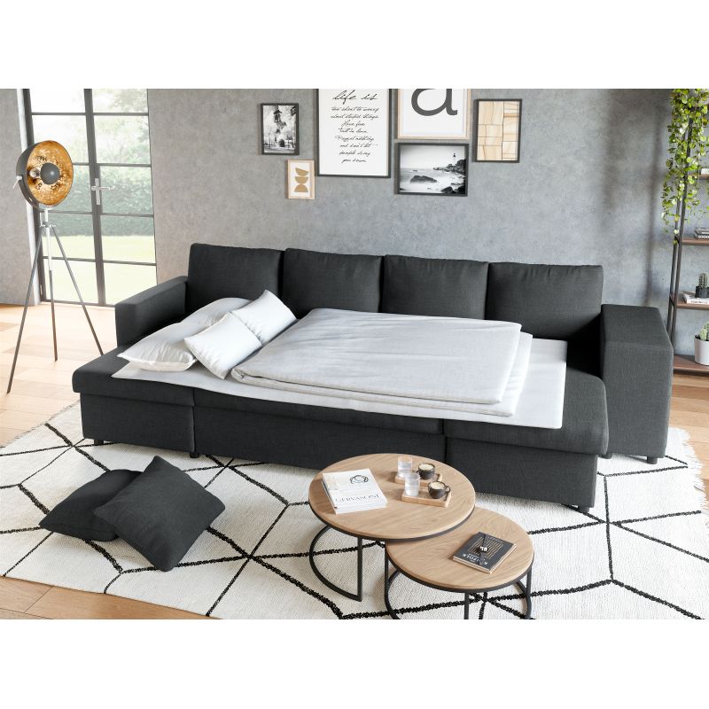 LUMIRA U PLUS - Canapé panoramique convertible avec 2 coffres et 2 poufs en tissu - Gris foncé