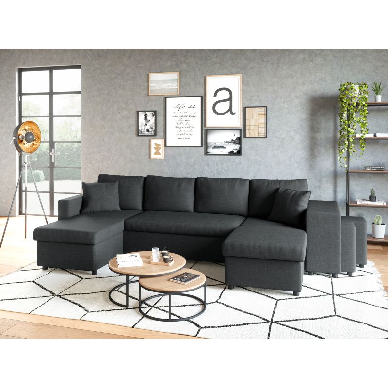 LUMIRA U PLUS - Canapé panoramique convertible avec 2 coffres et 2 poufs en tissu - Gris foncé