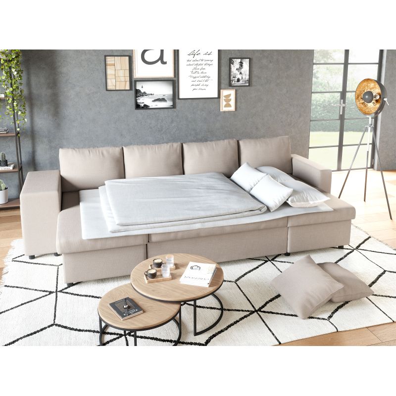 LUMIRA U PLUS - Canapé panoramique convertible avec 2 coffres et 2 poufs en tissu - Beige