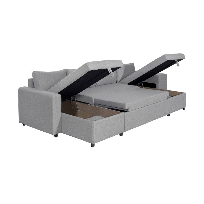 LUMIRA U PLUS - Canapé panoramique convertible avec 2 coffres et 2 poufs en tissu - Gris clair