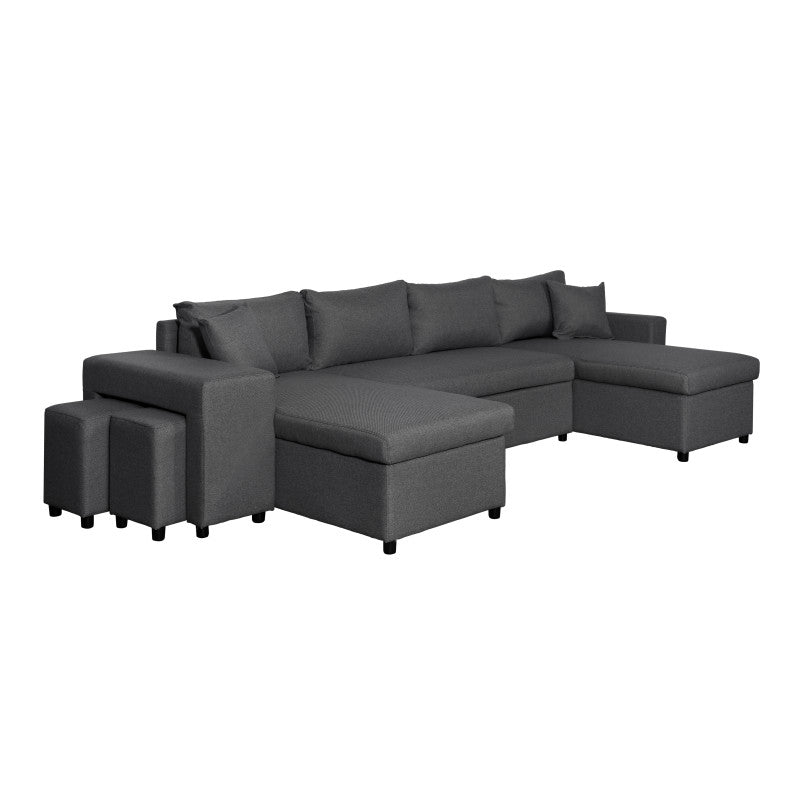 LUMIRA U PLUS - Canapé panoramique convertible avec 2 coffres et 2 poufs en tissu - Gris foncé