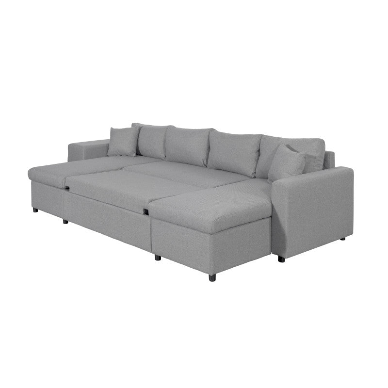 LUMIRA U PLUS - Canapé panoramique convertible avec 2 coffres et 2 poufs en tissu - Gris clair