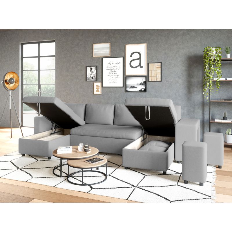 LUMIRA U PLUS - Canapé panoramique convertible avec 2 coffres et 2 poufs en tissu - Gris clair