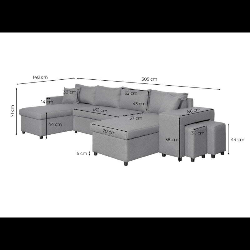 LUMIRA U PLUS - Canapé panoramique convertible avec 2 coffres et 2 poufs en tissu - Bleu pétrole - Niche à droite (vue de face)