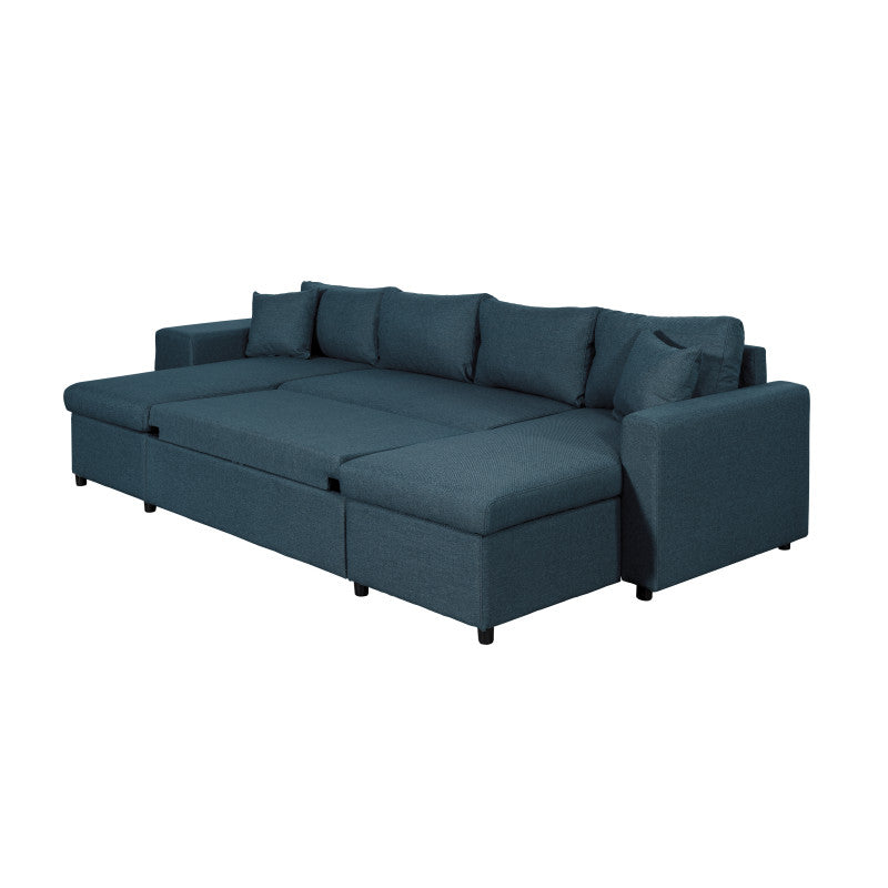 LUMIRA U PLUS - Canapé panoramique convertible avec 2 coffres et 2 poufs en tissu - Bleu pétrole - Niche à gauche (vue de face)