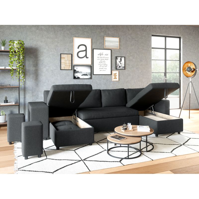 LUMIRA U PLUS - Canapé panoramique convertible avec 2 coffres et 2 poufs en tissu - Gris foncé