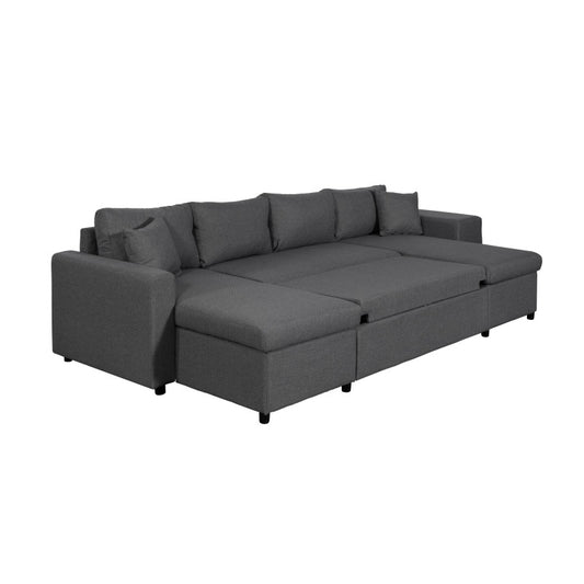 LUMIRA U PLUS - Canapé panoramique convertible avec 2 coffres et 2 poufs en tissu - Gris foncé