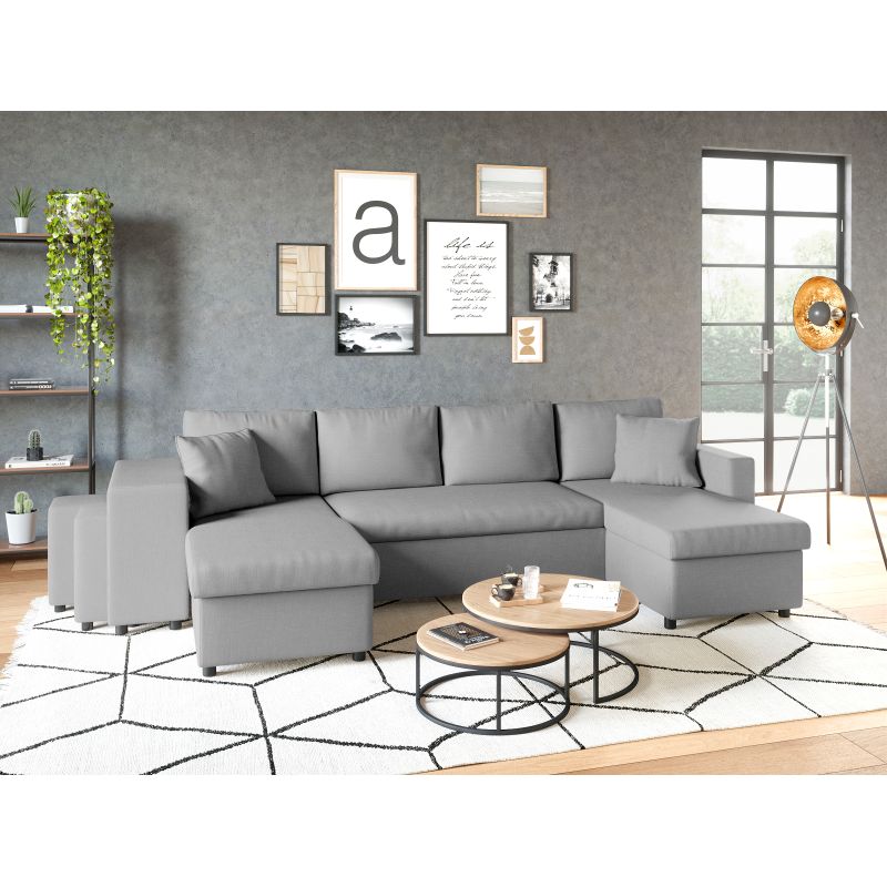 LUMIRA U PLUS - Canapé panoramique convertible avec 2 coffres et 2 poufs en tissu - Gris clair