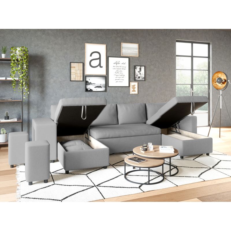 LUMIRA U PLUS - Canapé panoramique convertible avec 2 coffres et 2 poufs en tissu - Gris clair