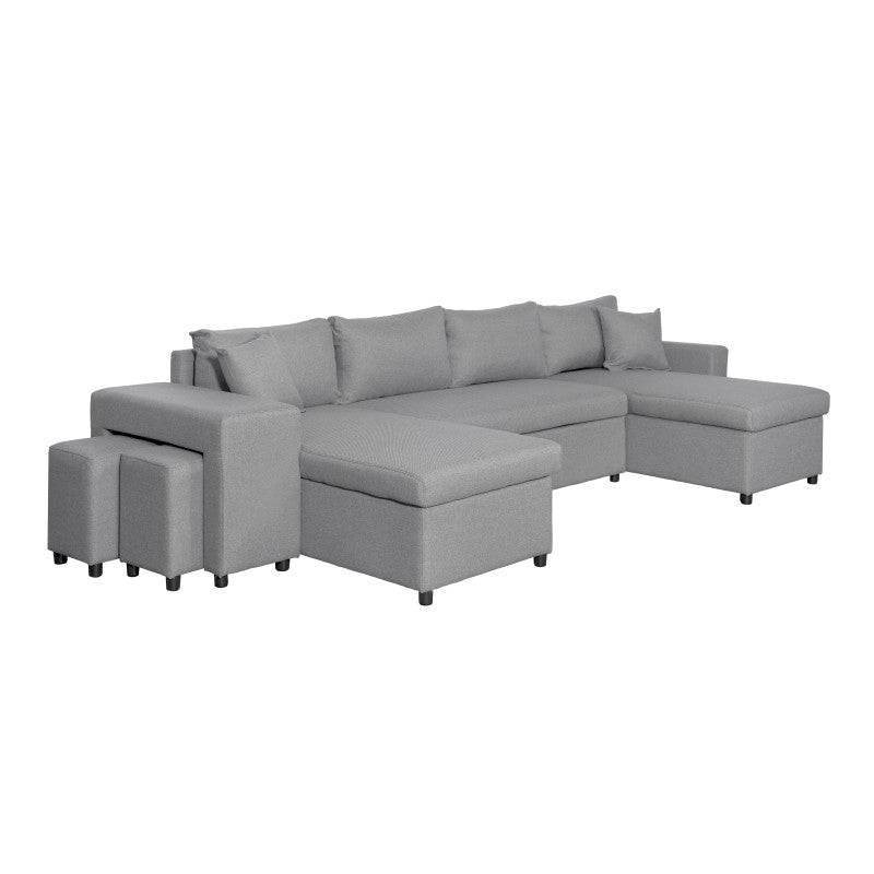 LUMIRA U PLUS - Canapé panoramique convertible avec 2 coffres et 2 poufs en tissu - Gris clair