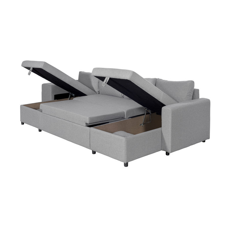 LUMIRA U PLUS - Canapé panoramique convertible avec 2 coffres et 2 poufs en tissu - Gris clair