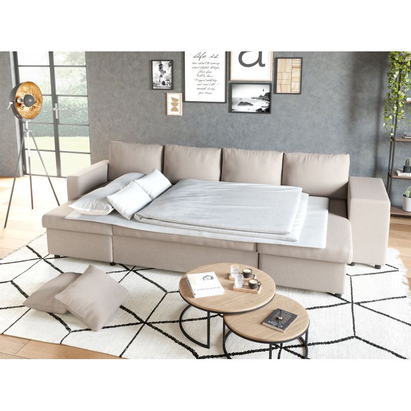 LUMIRA U PLUS - Canapé panoramique convertible avec 2 coffres et 2 poufs en tissu - Beige