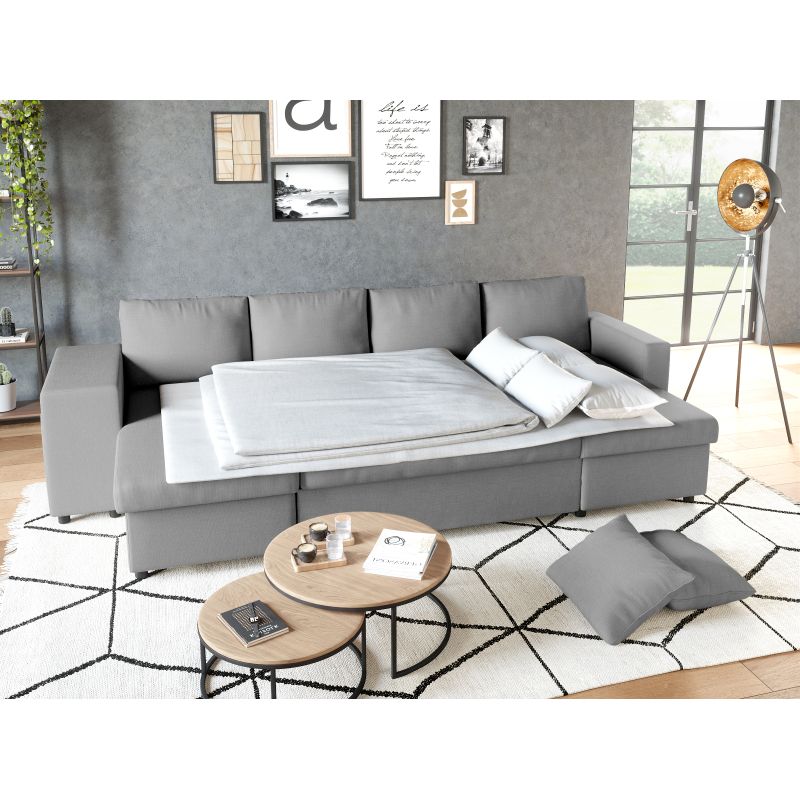 LUMIRA U PLUS - Canapé panoramique convertible avec 2 coffres et 2 poufs en tissu - Gris clair