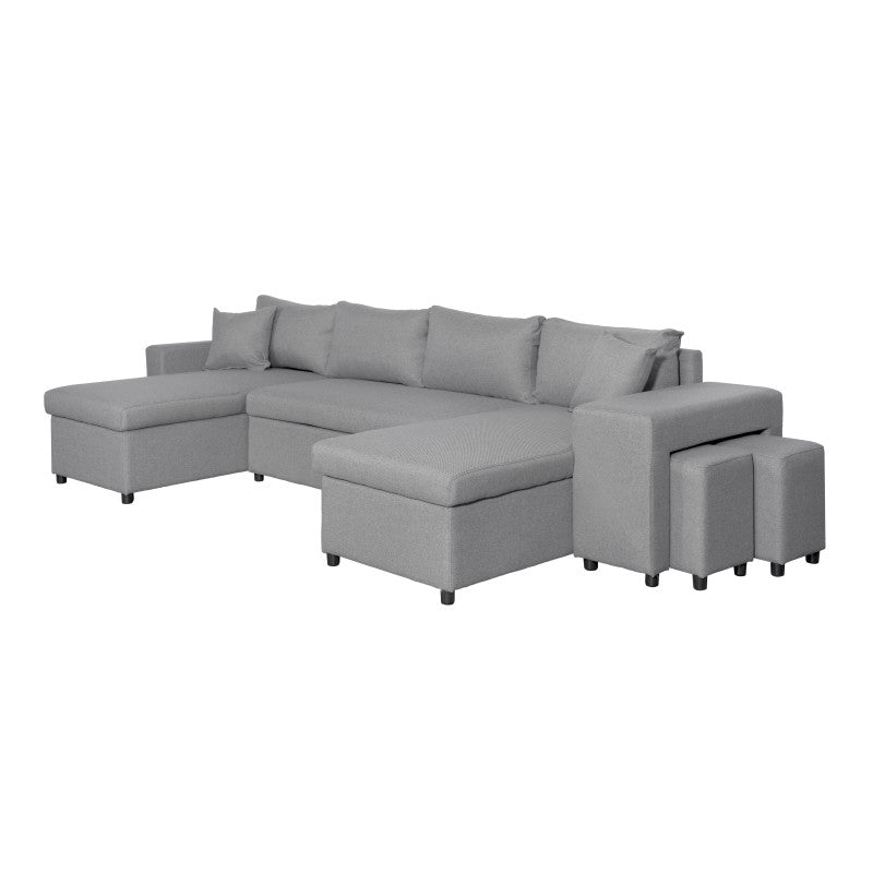 LUMIRA U PLUS - Canapé panoramique convertible avec 2 coffres et 2 poufs en tissu - Gris clair