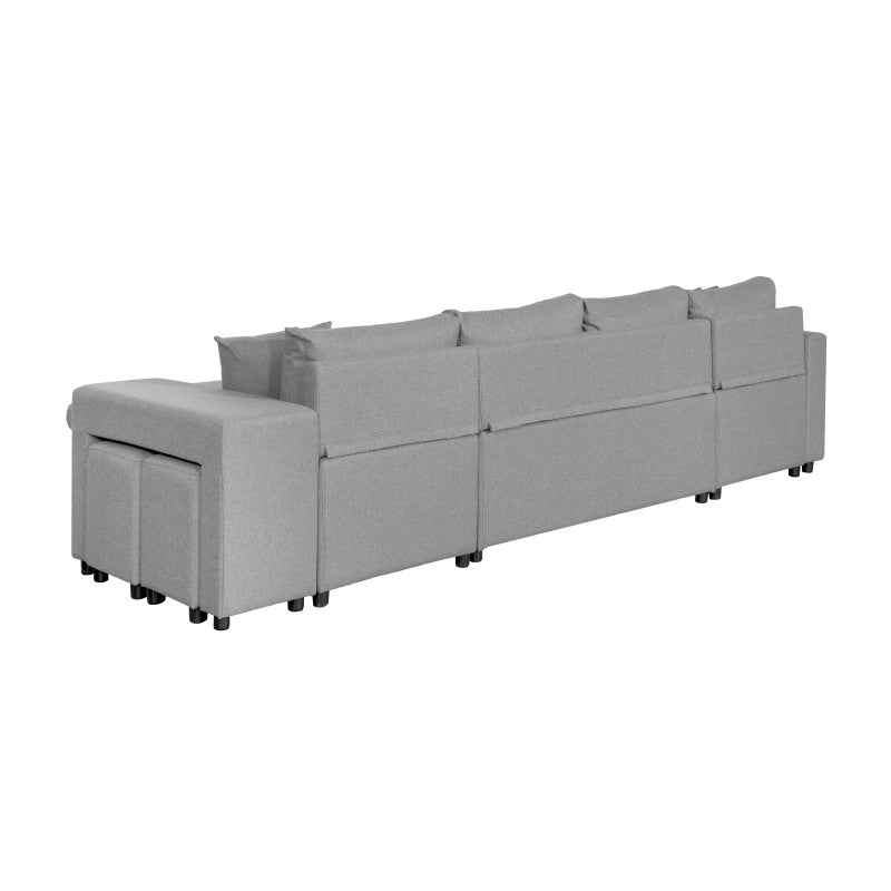 LUMIRA U PLUS - Canapé panoramique convertible avec 2 coffres et 2 poufs en tissu - Gris clair