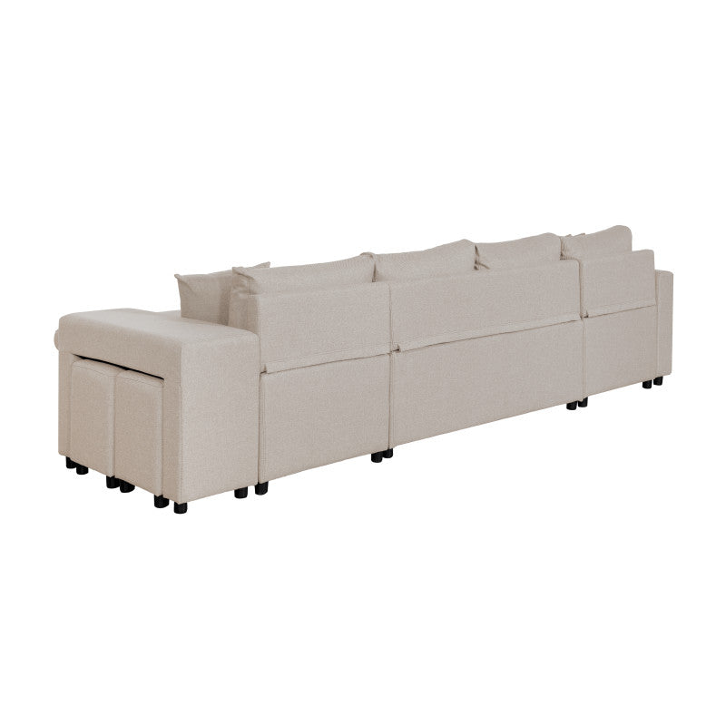 LUMIRA U PLUS - Canapé panoramique convertible avec 2 coffres et 2 poufs en tissu - Beige