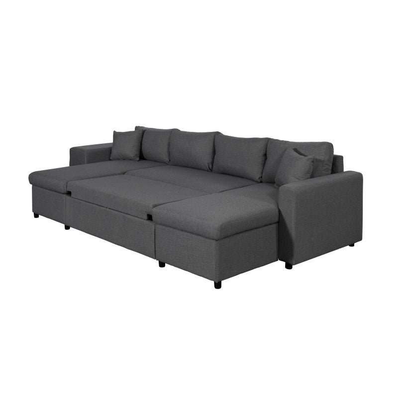 LUMIRA U PLUS - Canapé panoramique convertible avec 2 coffres et 2 poufs en tissu - Gris foncé