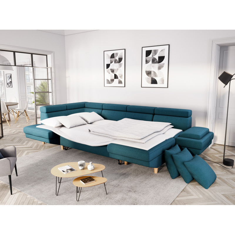 MATEO U - Canapé scandinave panoramique convertible en tissu - Bleu pétrole