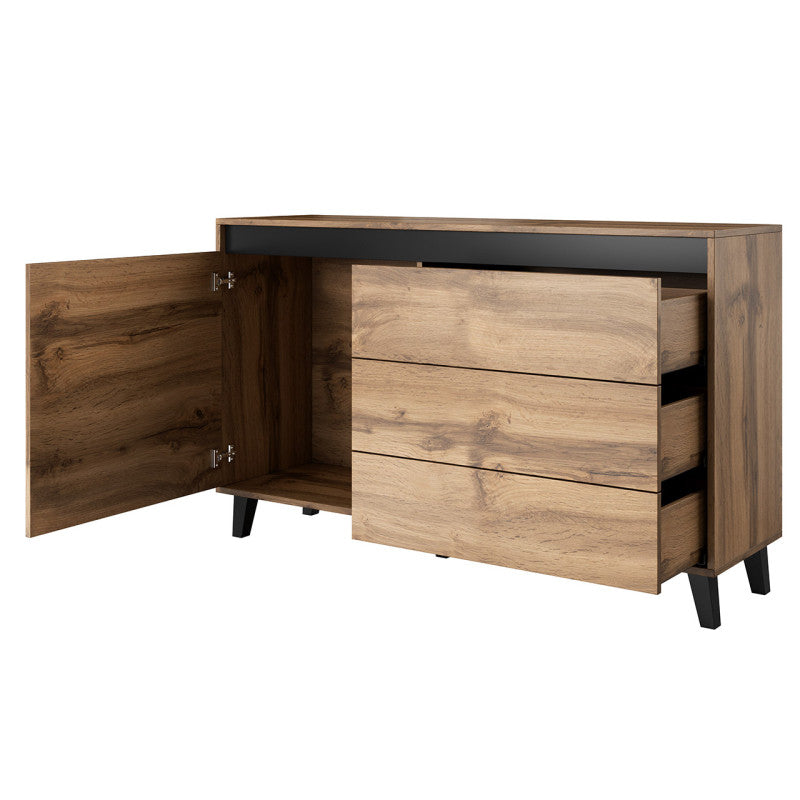 MILOR - Buffet 1 porte et 3 tiroirs - Noir/bois