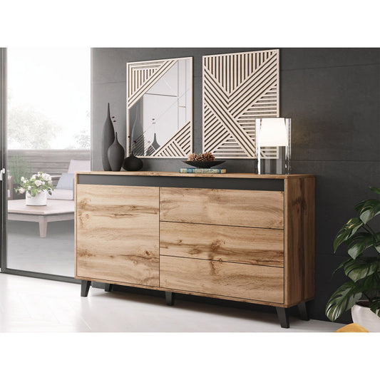 MILOR - Buffet 1 porte et 3 tiroirs - Noir/bois