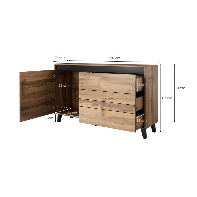 MILOR - Buffet 1 porte et 3 tiroirs - Noir/bois